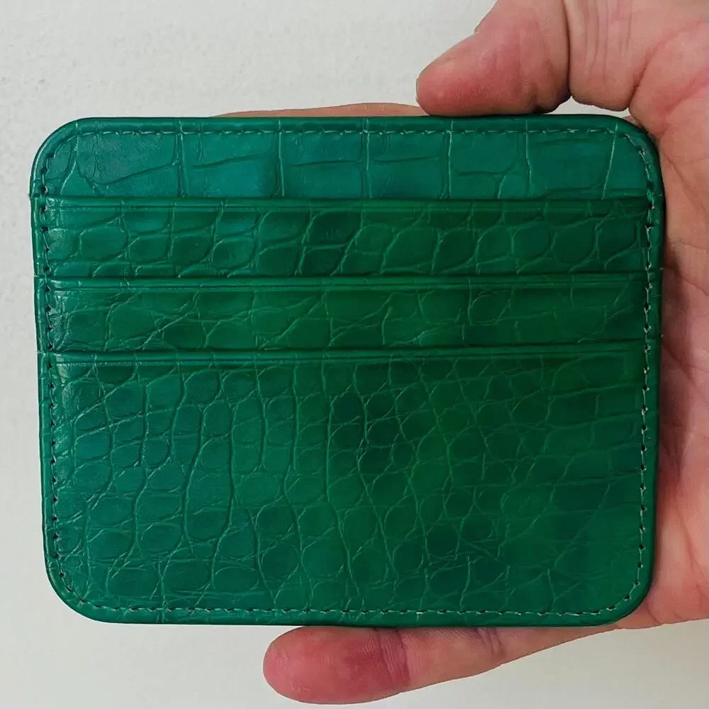 green vintage crocodile print both sided card holder
